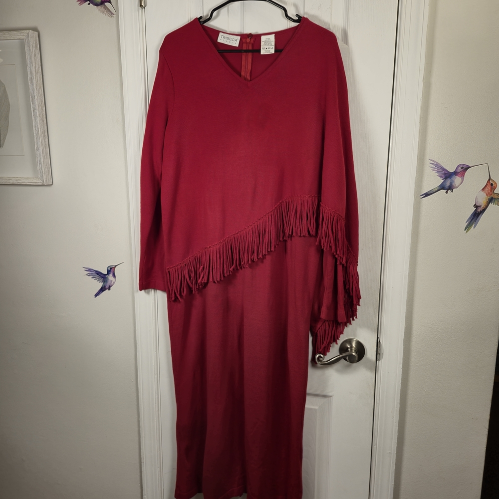 Tribeca Studio Plus Size 1XLWP Red Fringe Maxi Sweater Dress Boho Knit V-Neck - Picture 2 of 6